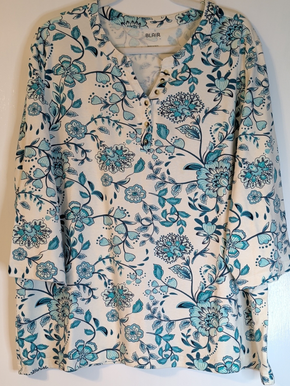 Blair 2 XL White Henley with Teal Floral Print V Button Neckline